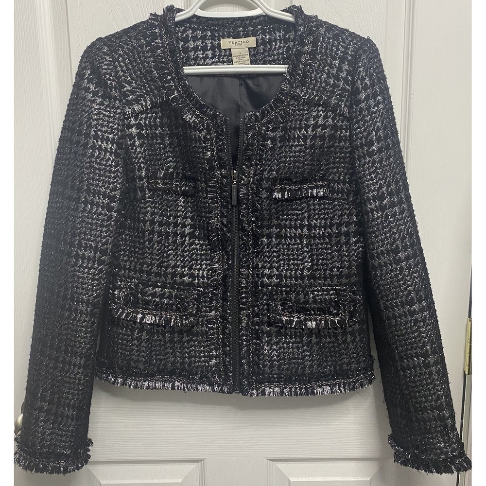 Vertigo Paris Women Chainlink Houndstooth Blazer 20% Wool Black&Silver Jacket-S‎